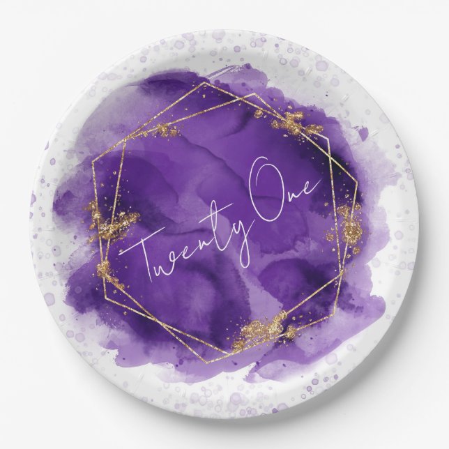 Purple Gold Geometric Chic 21st Birthday Party Paper Plates (Front)