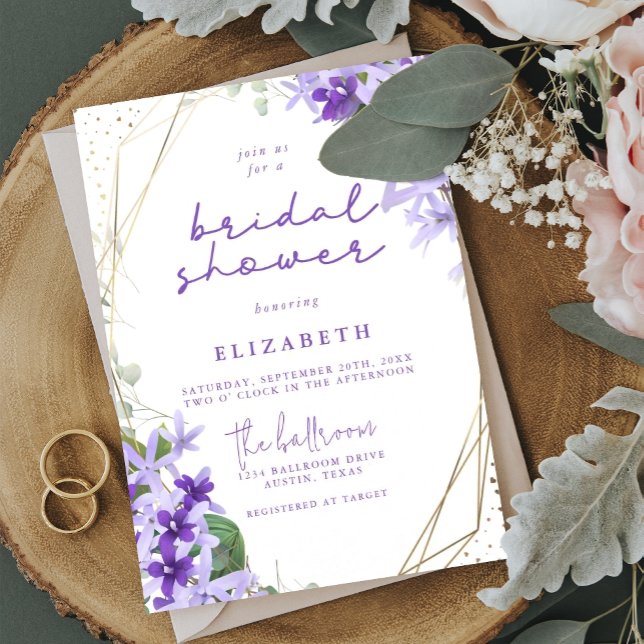 Purple Gold Geometric Frame Floral Bridal Shower Invitation (Creator Uploaded)