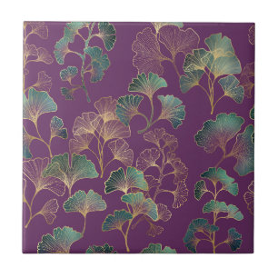Purple Gold Ginkgo Japanese Botanical Pattern Ceramic Tile