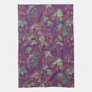 Purple Gold Ginkgo Japanese Botanical Pattern Kitchen Towel