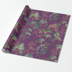 Purple Gold Ginkgo Japanese Botanical Pattern Wrapping Paper