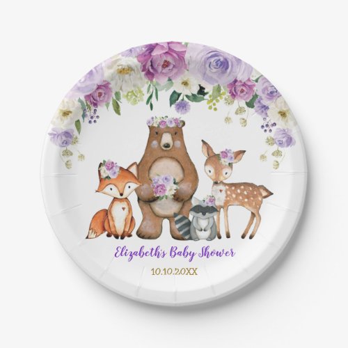 Purple Gold Girl Woodland Animals Forest Floral Paper Plates