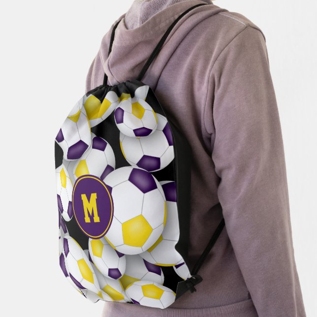 purple gold girls boys team colors soccer drawstring bag (Insitu)