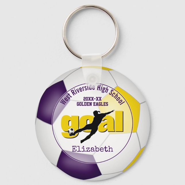 purple gold girls soccer goal team spirit sports keychain (Front)