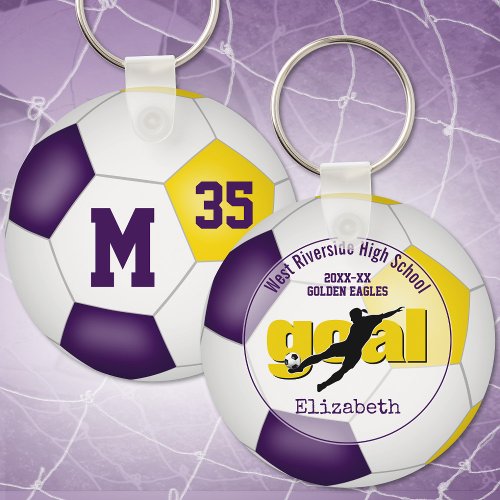 purple gold girls soccer goal team spirit sports keychain