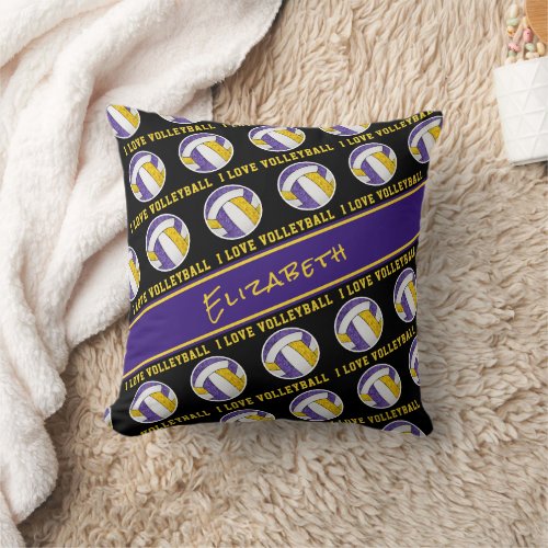 purple gold girls team spirit I love volleyball Throw Pillow