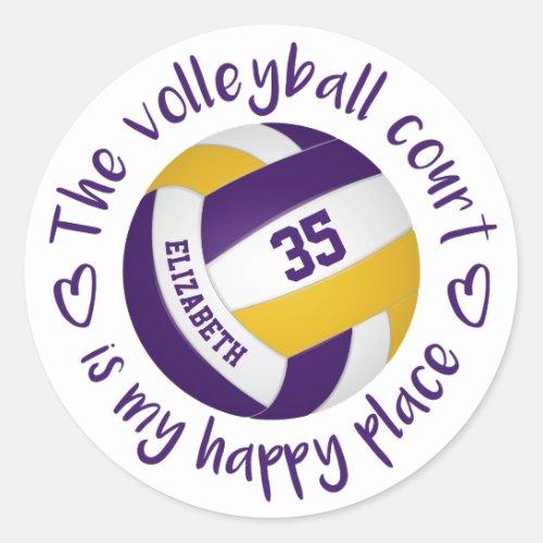 purple gold girls volleyball court my happy place classic round sticker