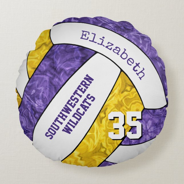 purple gold girls volleyball team keepsake round pillow (Front)
