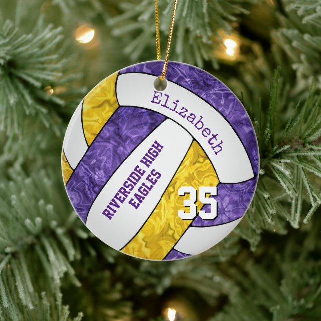 purple gold girly team colors keepsake volleyball ceramic ornament (Tree)