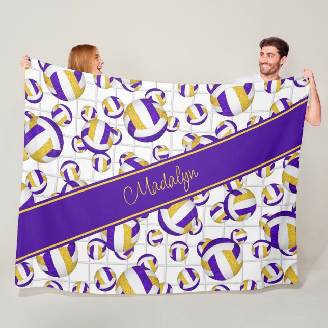 Purple gold girly volleyballs pattern net accent fleece blanket (In Situ)