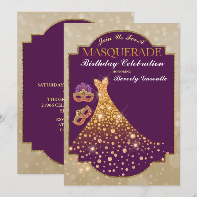 Purple Gold Glam Birthday Masquerade Invitation (Front/Back)