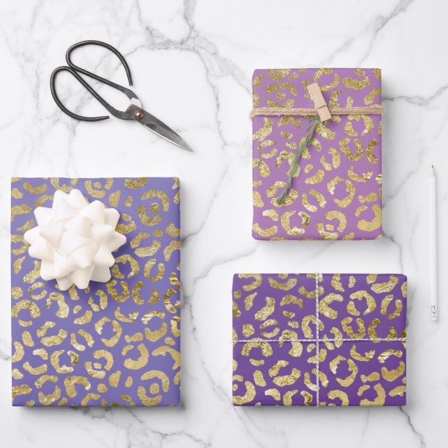 Purple Gold Glam Leopard Print Wrapping Paper Sheets (Front)
