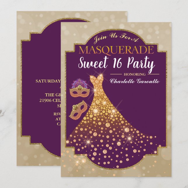 Purple Gold Glam Sweet 16 Birthday Invitation (Front/Back)