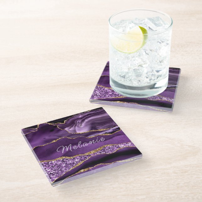 Purple Gold Glass Coaster Gift Personalized Name (Angled)