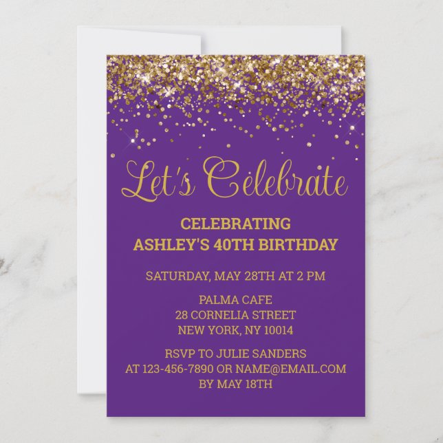 Purple Gold Glitter 40th Birthday Let's Celebrate Invitation (Front)