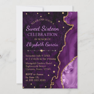Purple & Gold Glitter Agate and marble Sweet 16  Invitation