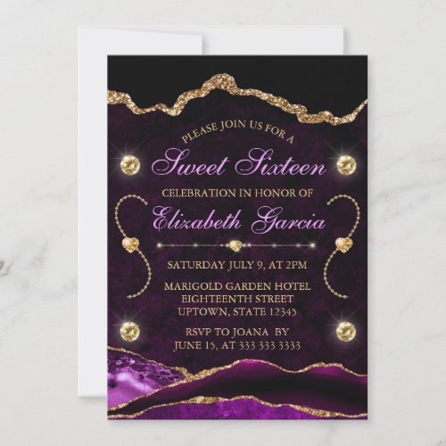 Purple  Gold Glitter Agate and marble Sweet 16 Invitation