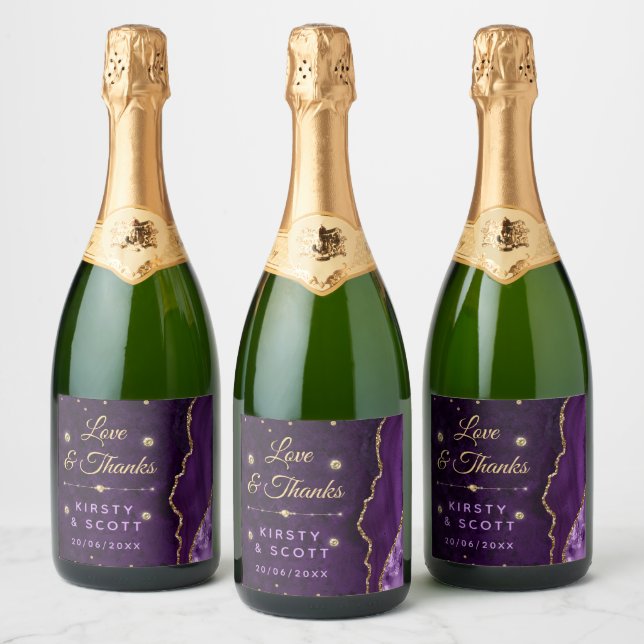 Purple & Gold Glitter Agate and marble Wedding  Sparkling Wine Label (Bottles)