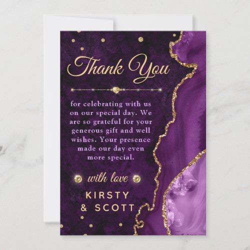 Purple  Gold Glitter Agate and marble Wedding Thank You Card