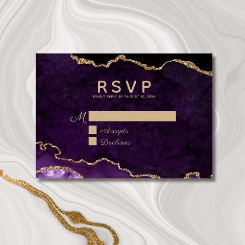 Purple Gold Glitter Agate Geode Wedding RSVP Card