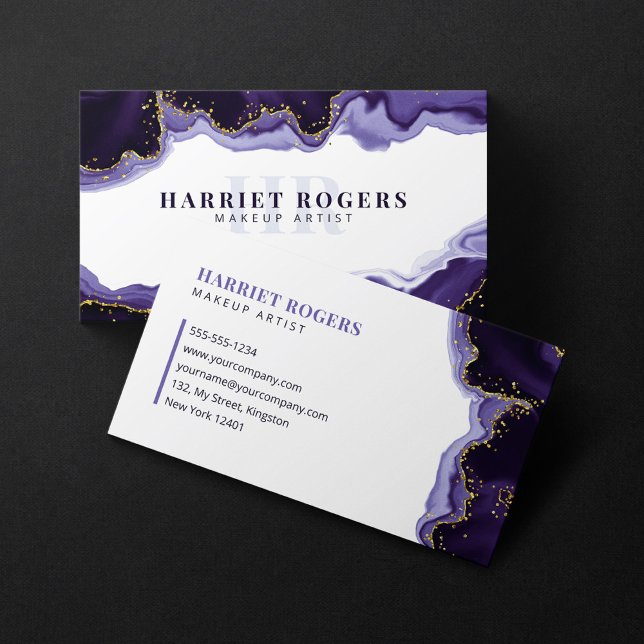Purple Gold Glitter Agate Makeup Artist Initial Business Card (Creator Uploaded)
