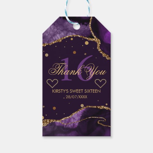 Purple  Gold Glitter Agate Sweet 16 Thank You Gift Tags