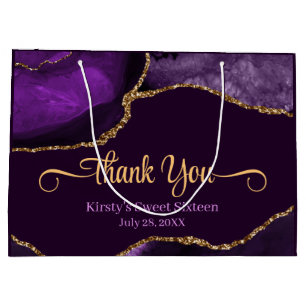 Purple & Gold Glitter Agate Sweet 16 Thank You Large Gift Bag