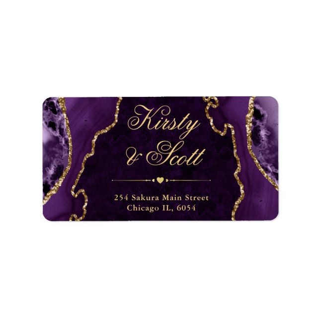 Purple & Gold Glitter Agate Wedding address label (Front)