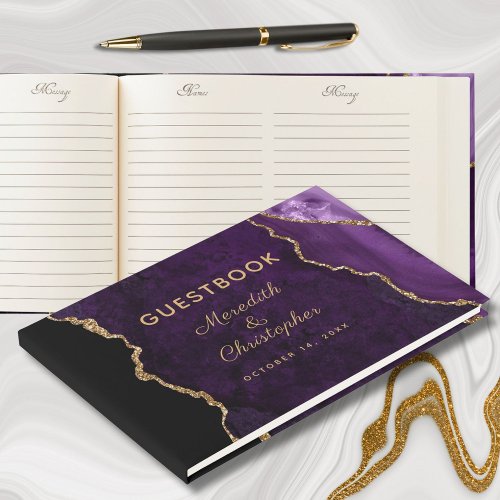 Purple Gold Glitter Agate Wedding Guest Book