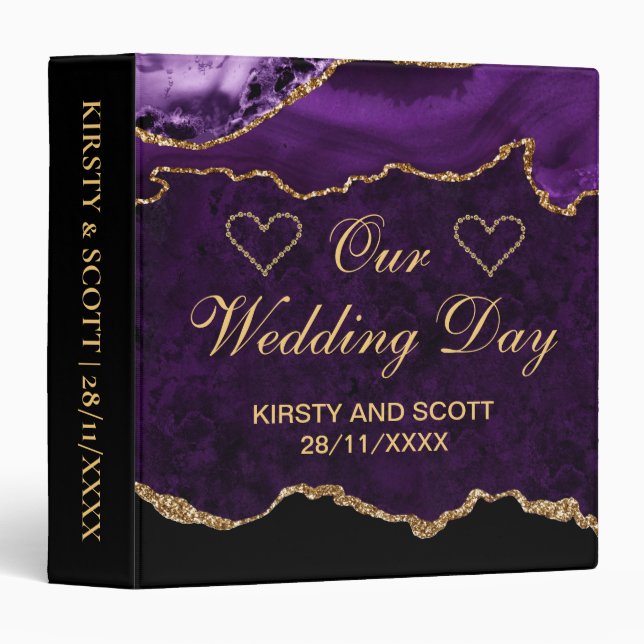 Purple & Gold Glitter Agate Wedding Photo Album  3 Ring Binder (Front/Spine)