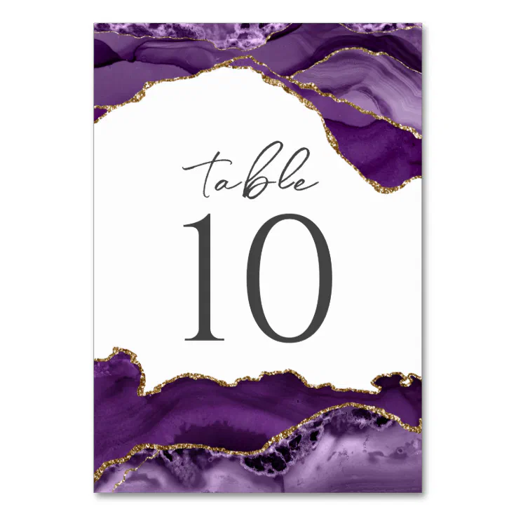 Purple Gold Glitter Agate Wedding Table Number Zazzle
