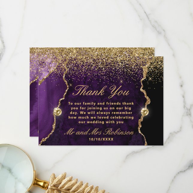 Purple Gold Glitter Agate Wedding Thank You Card (Front/Back In Situ)