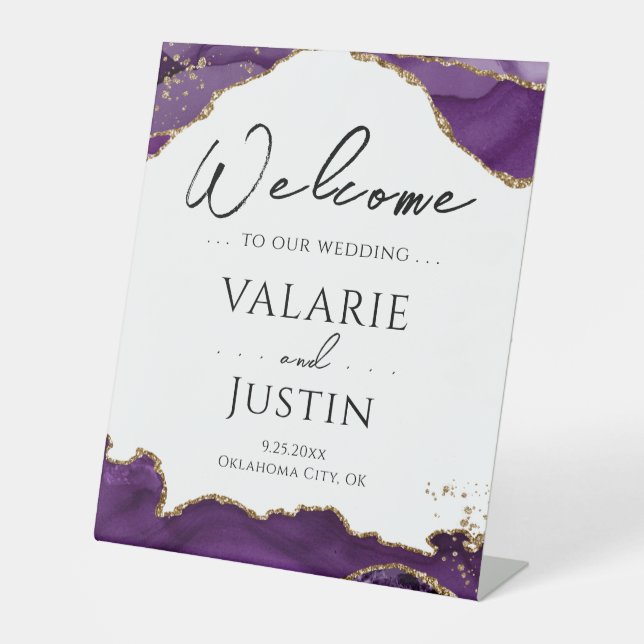 Purple Gold Glitter Agate Wedding Welcome Sign (Front)