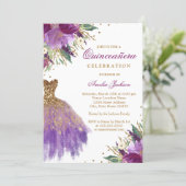 Purple Gold Glitter Amethyst Dress Quinceanera Invitation (Standing Front)