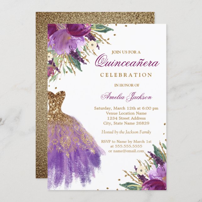 Purple Gold Glitter Amethyst Dress Quinceanera Invitation (Front/Back)