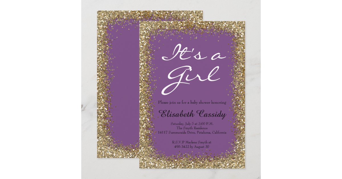 Purple &amp; Gold Glitter Baby Girl Shower Invitation | Zazzle