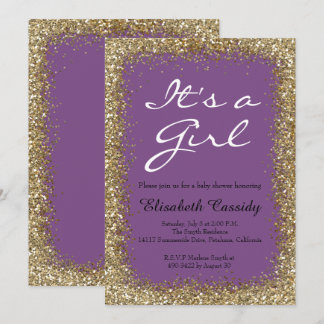 Purple & Gold Glitter Baby Girl Shower Invitation