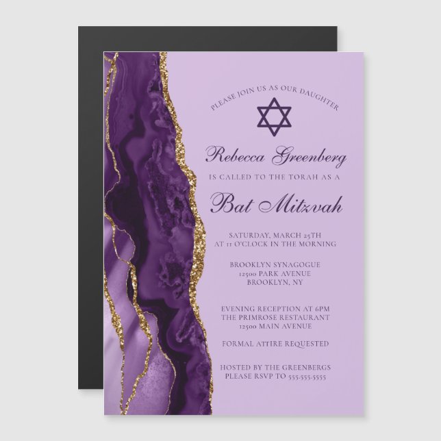 Purple Gold Glitter Bat Mitzvah Party Magnetic Invitation (Front/Back)