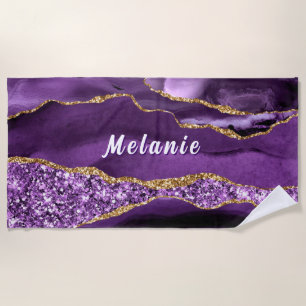 Purple Gold Glitter Beach Towel Personalized Name