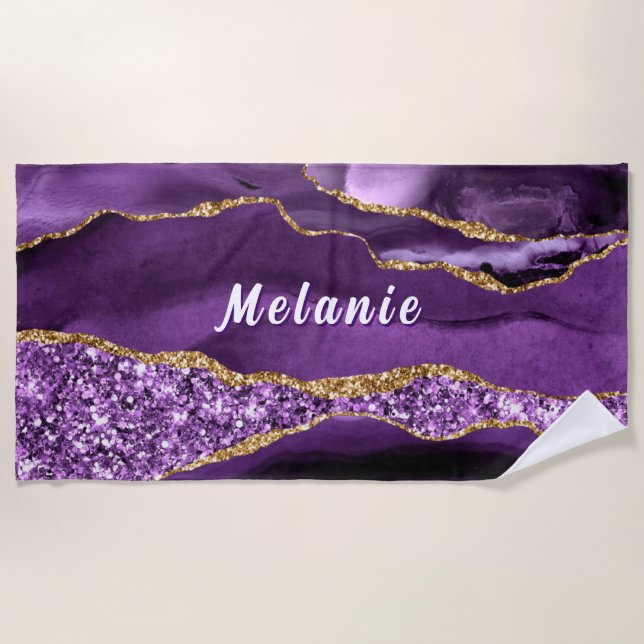 Purple Gold Glitter Beach Towel Personalized Name (Front)