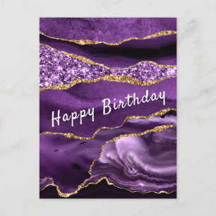 Purple Gold Glitter Birthday Card - Your Text Name