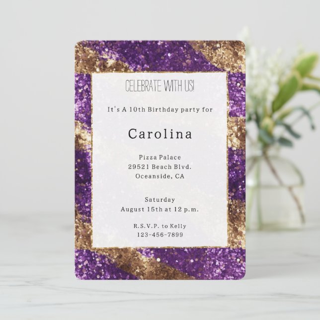 Purple Gold Glitter Birthday   Invitation (Standing Front)