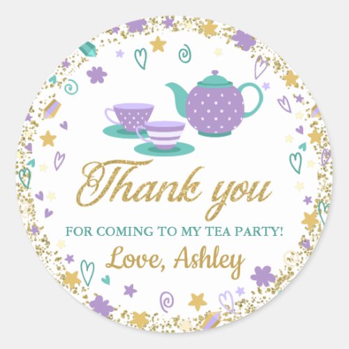 Purple Gold Glitter Birthday Tea Party Thank You Classic Round Sticker