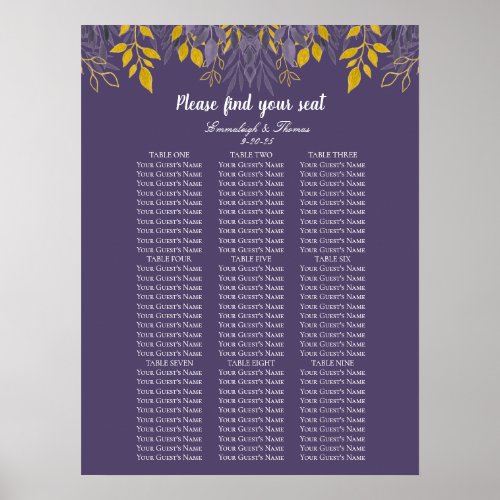 Purple Gold Glitter Botanical Seating Chart Sign