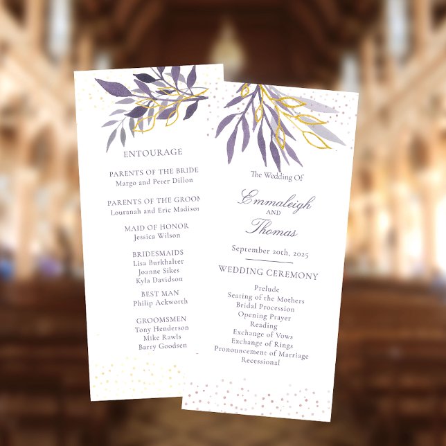 Purple Gold Glitter Botanical Wedding Program (Creator Uploaded)