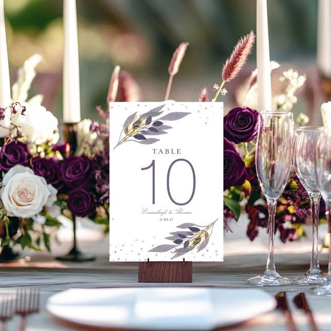 Purple Gold Glitter Botanical Wedding Table Number (Creator Uploaded)