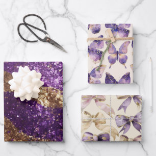 Purple Gold Glitter Butterflies Bows Birthday Wrapping Paper Sheets