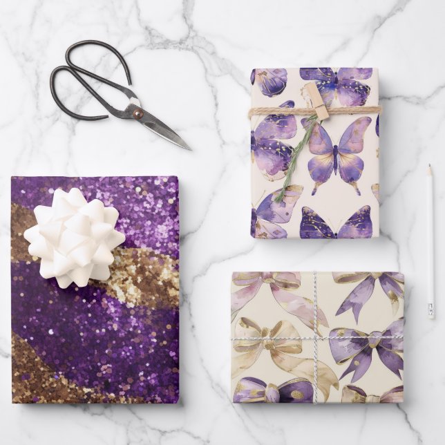 Purple Gold Glitter Butterflies Bows Birthday Wrapping Paper Sheets (Front)