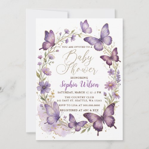 Purple Gold Glitter Butterfly Baby Shower Invitation
