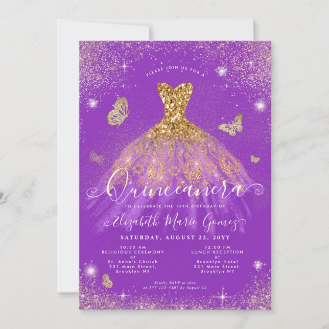 Purple Gold Glitter Butterfly Gown Quinceanera Invitation (Front)